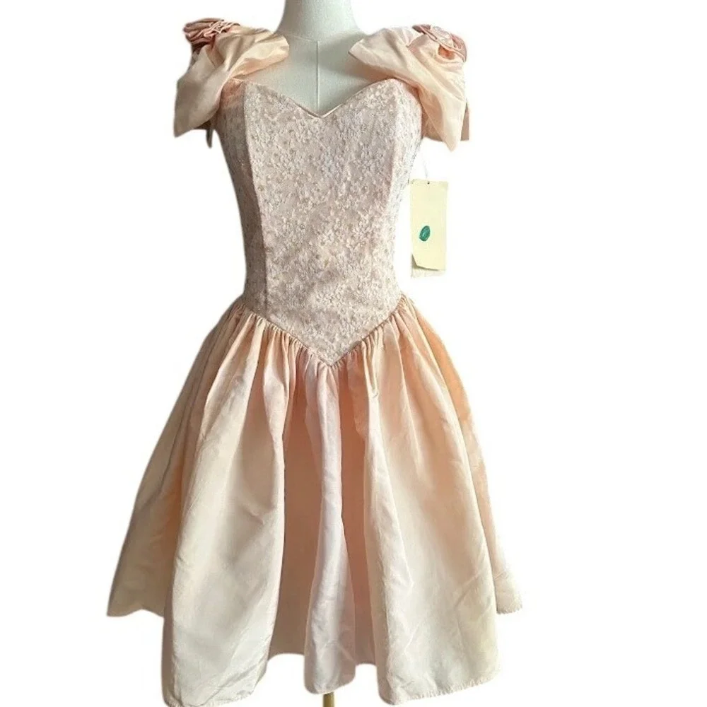 NWT Vintage 80s Gunne Sax Jessica McClintock Peach Lace Prom Dress 7/8‎